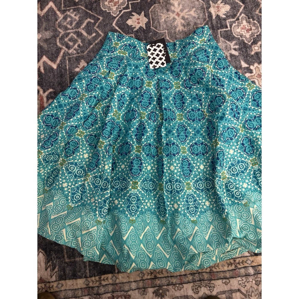 Francis + Benedict Cotton Pleated Skirt S Small Ivory Teal Scroll